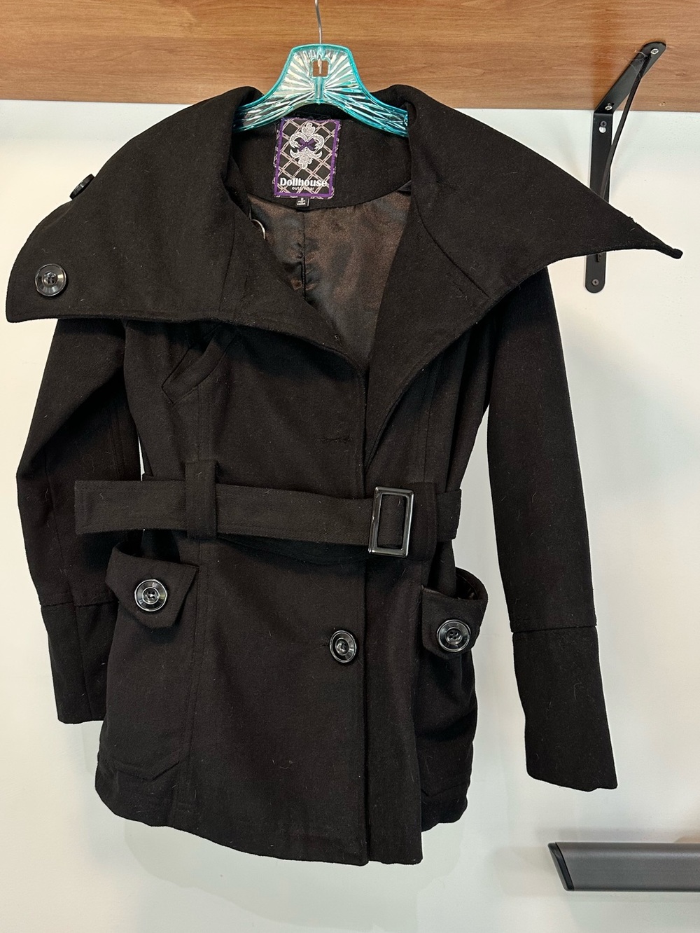 Dollhouse Black Belted Pea Coat with Wide Collar & Hood-Size Small
